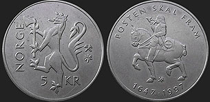Monety Norwegii - 5 koron 1997 350 Lat Poczty Norweskiej