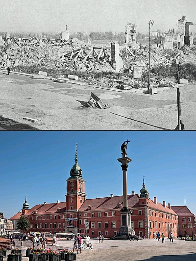 the Royal Castle in Warsaw in 1945 and today