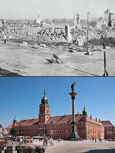 Zamek Królewski w Warszawie w 1945 r. i dziś