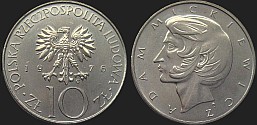 Polish coins - 10 zlotych 1975-1976 Adam Mickiewicz