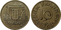 Coins of Saar (French) - 10 Franken 1954