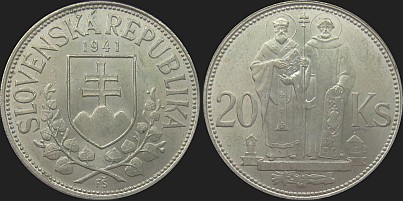 Cyryl i Metody na monecie 20 koron słowackich z 1941 r.