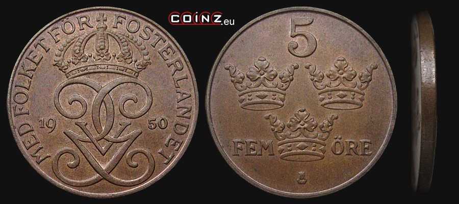 5 ore 1909-1950 - monety Szwecji