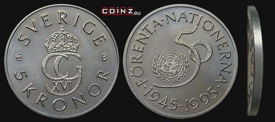 5 koron 1995 50 Lat ONZ - monety Szwecji