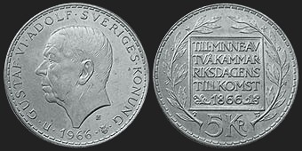 Monety Szwecji - 5 koron 1966 100 Lat Parlamentu Dwuizbowego