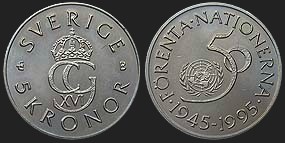 Monety Szwecji - 5 koron 1995 50 Lat ONZ