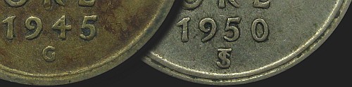 Inicjały dyrektorów mennicy na monetach 10 ore 1942-1950