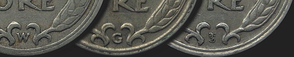 Inicjały dyrektorów mennicy na monetach 25 ore 1921-1947