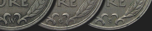 Inicjały dyrektorów mennicy na monetach 50 ore 1920-1947