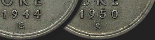 Inicjały dyrektorów mennicy na monetach 50 ore 1943-1950